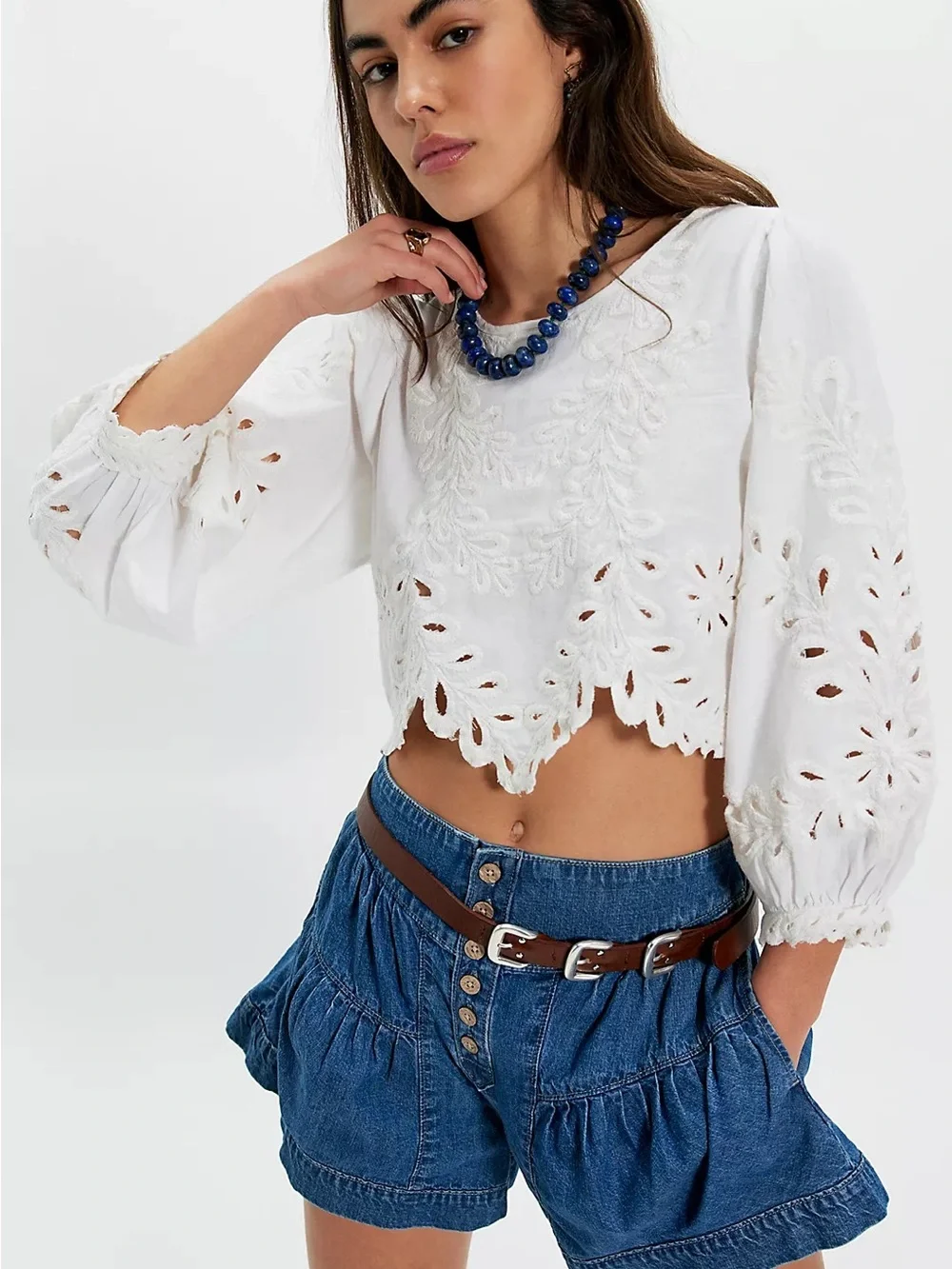 Free People Oleander White Embroidered Cropped Peasant Top